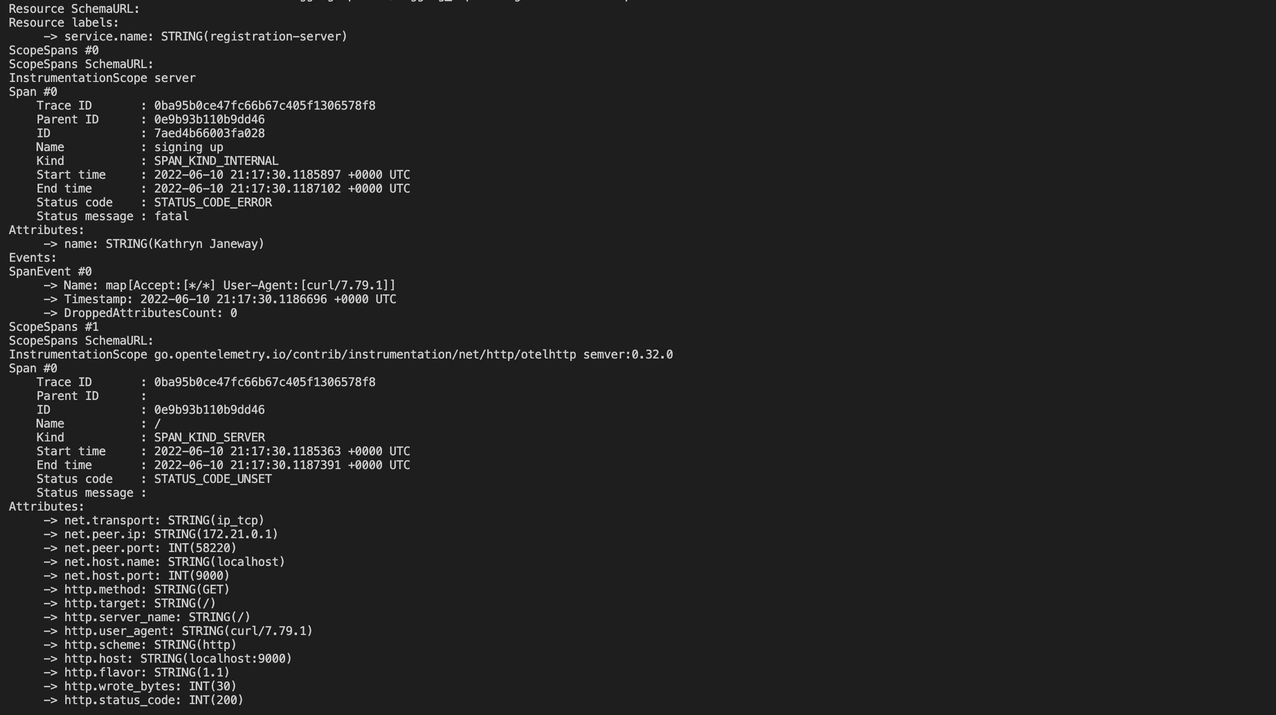 Sample output shows several lines, including the Trace ID, start time, end time, and attributes.