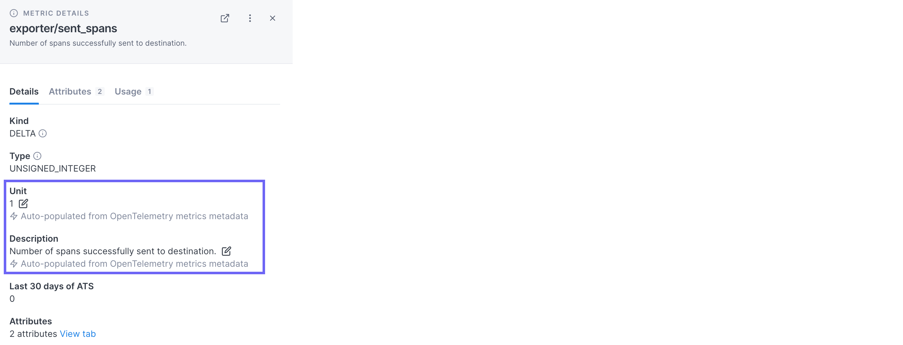 Metric details panel with OTel information