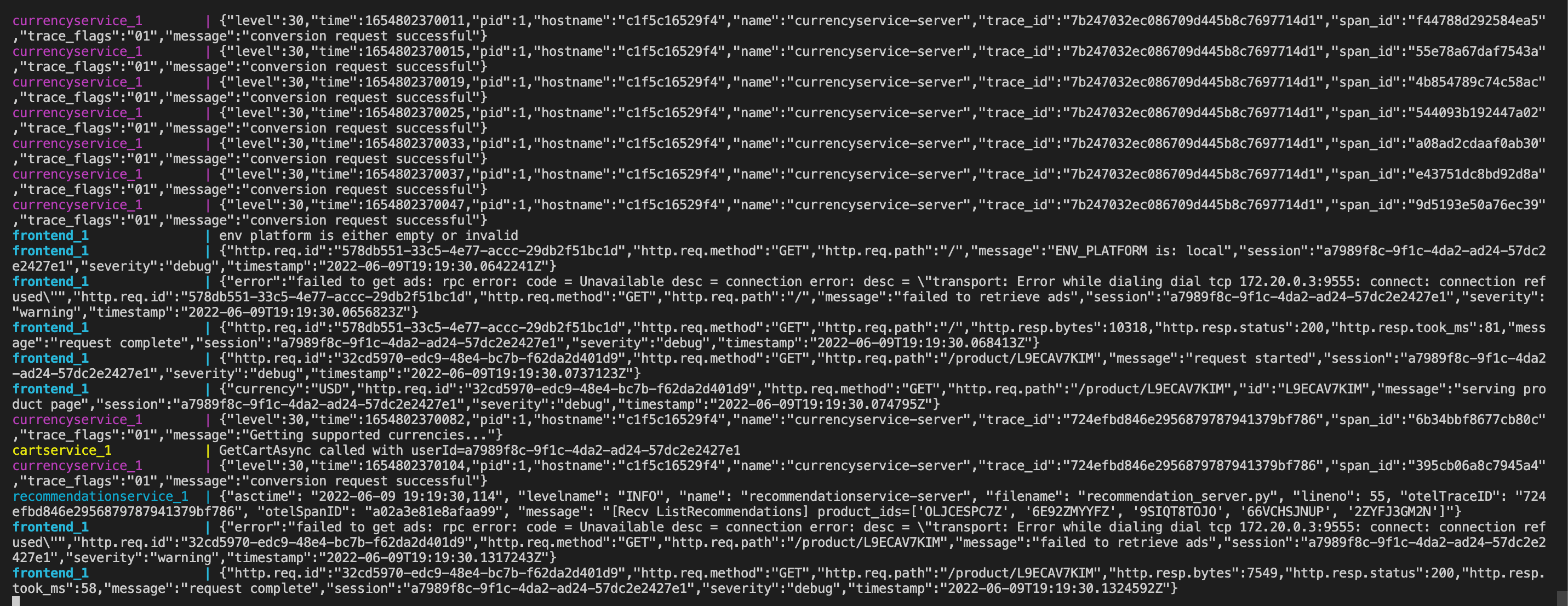 Terminal shows several lines of output, including lines starting with currencyservice_1 and frontend_1.
