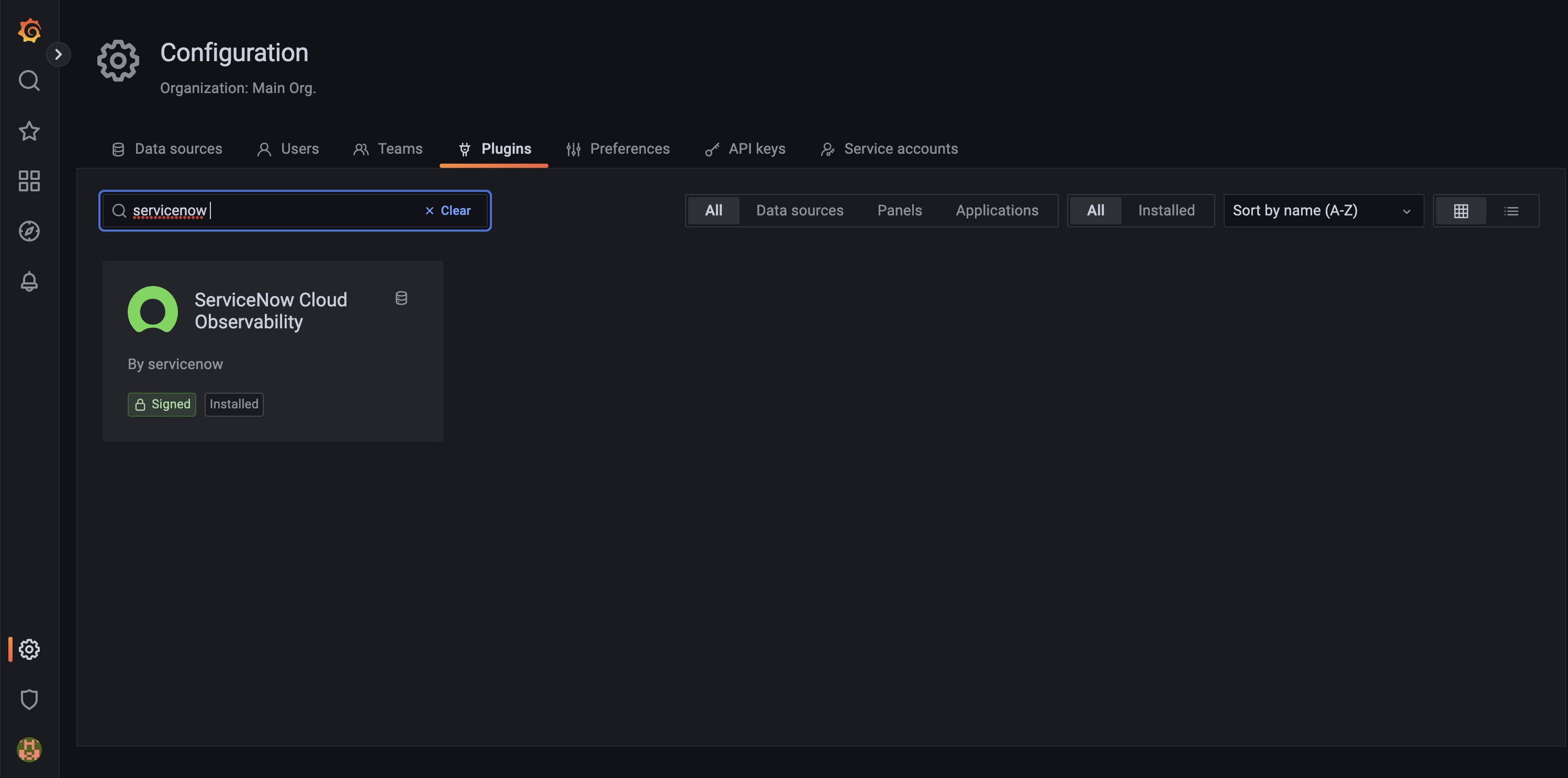 Plugin appears on Grafana's Configuration page.
