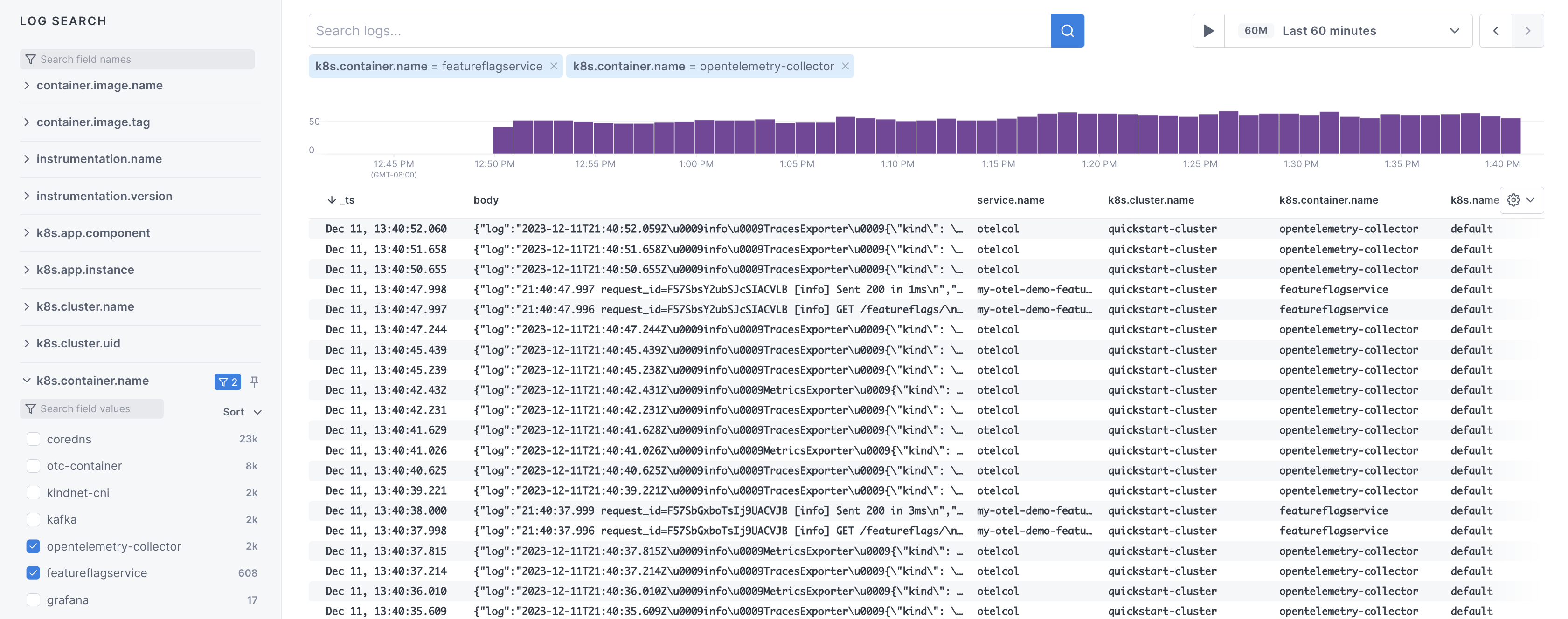 Logs tab displays several sample logs and a search box and sidebar for exploring logs.