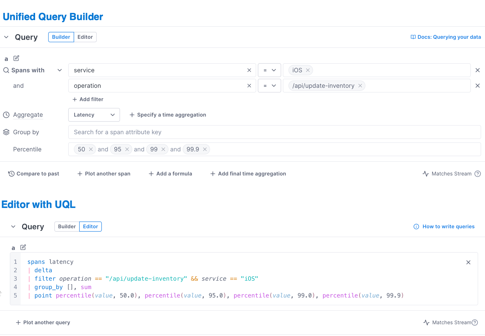 UQB and UQL display the same query, filtering attributes and calculating percentiles.