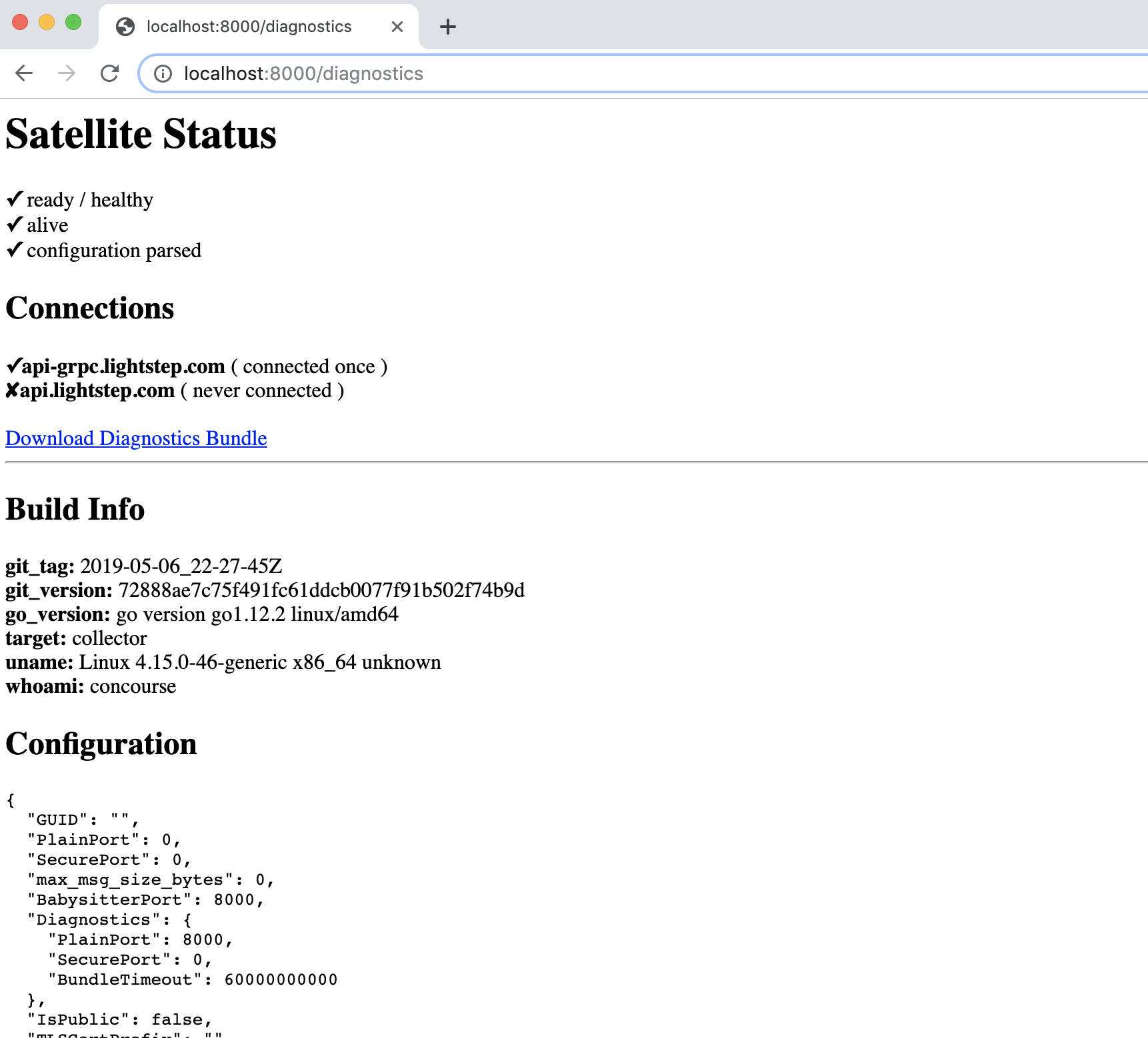 Diagnostics show overall status, connections, build information, and configuration.