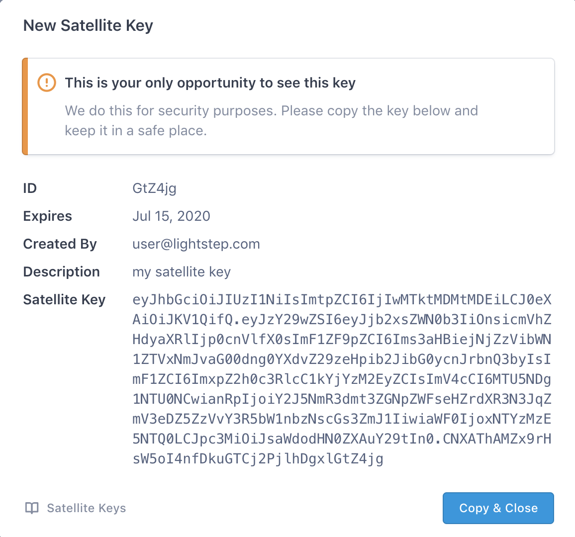 Details about the Satellite key include who created it, the description, and key value.