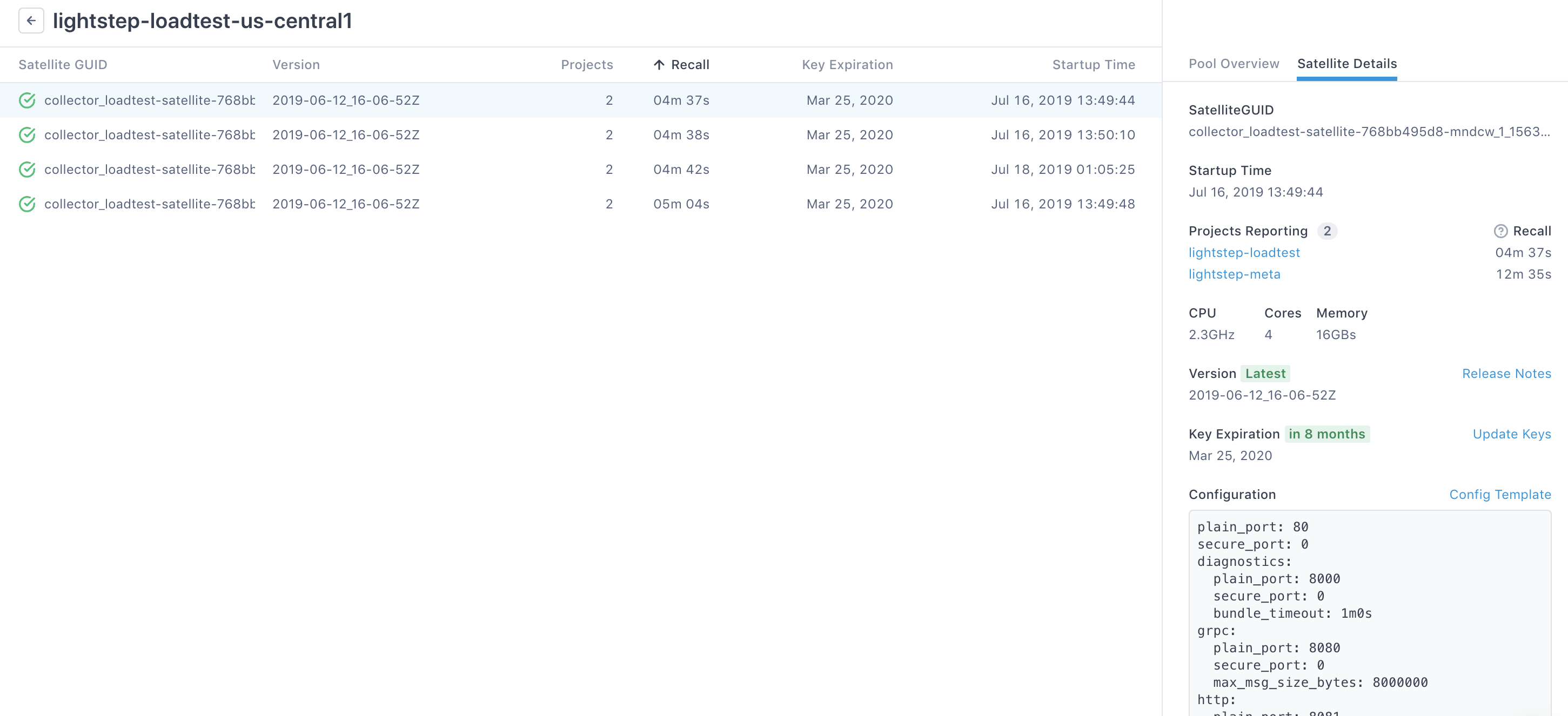 Microsatellite stats show the startup time, version, and key-expiration date.
