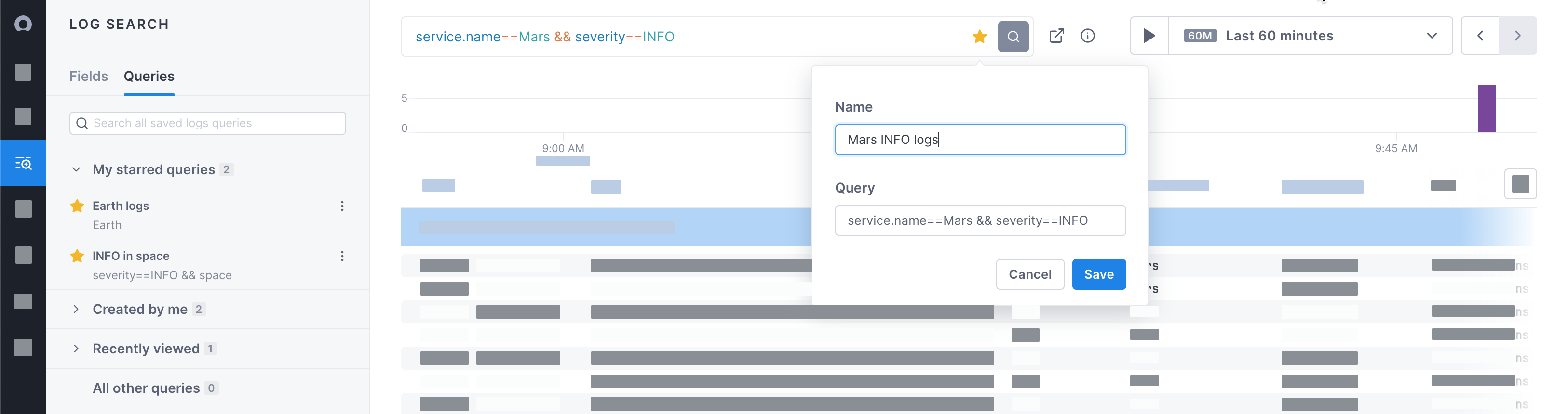 Logs tab sidebar lists starred queries, recently viewed queries, and all other queries.