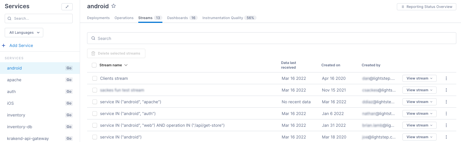 Android service has 13 Streams.