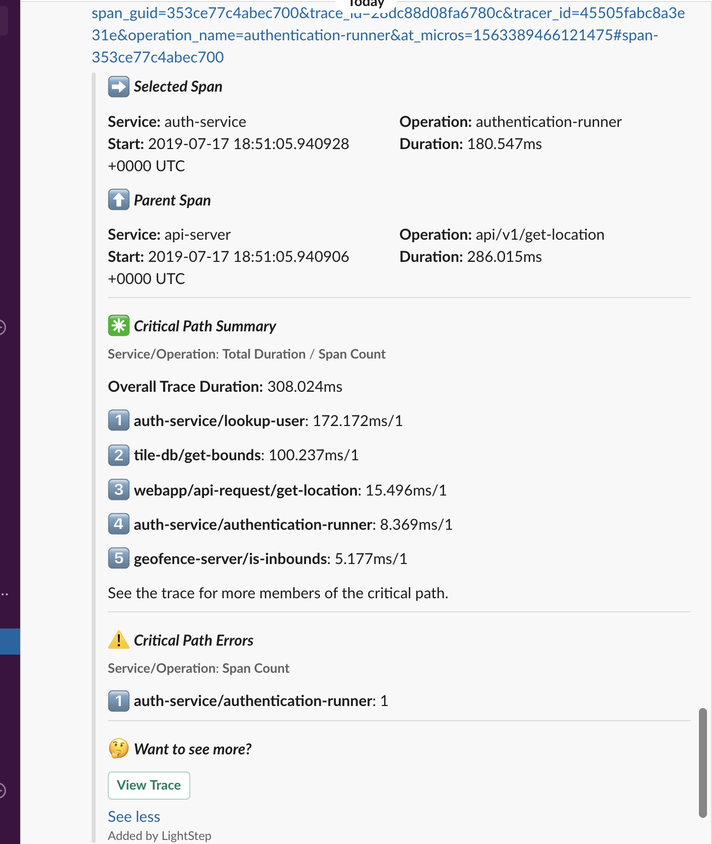 Slack shows trace details, including the selected span and critical path errors. You can select View Trace to access the relevant page in Cloud Observability.