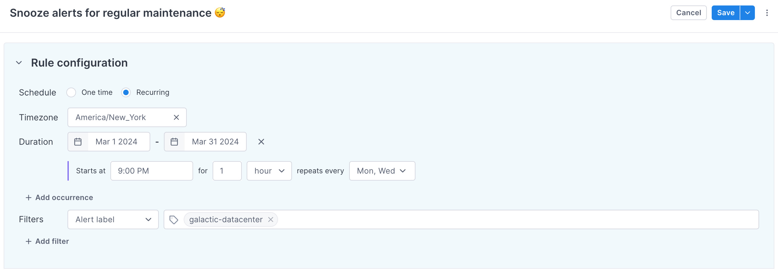 Sample configuration for a snooze rule.
