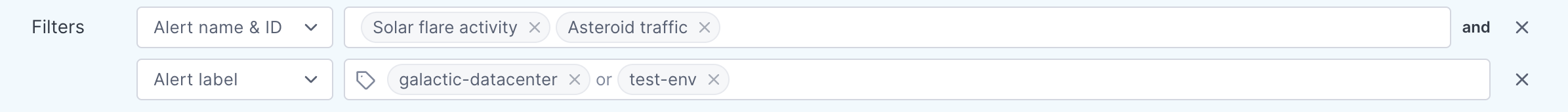 Snooze rule with one filter on alert names and one filter on labels.