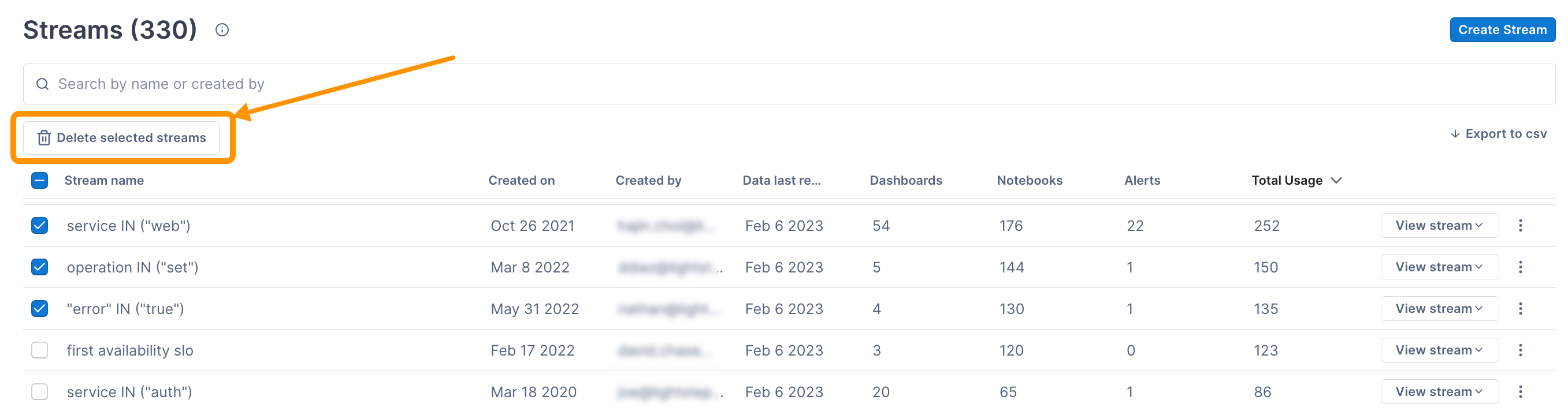 Streams list shows several selected Streams. An arrow points to Delete selected Streams.