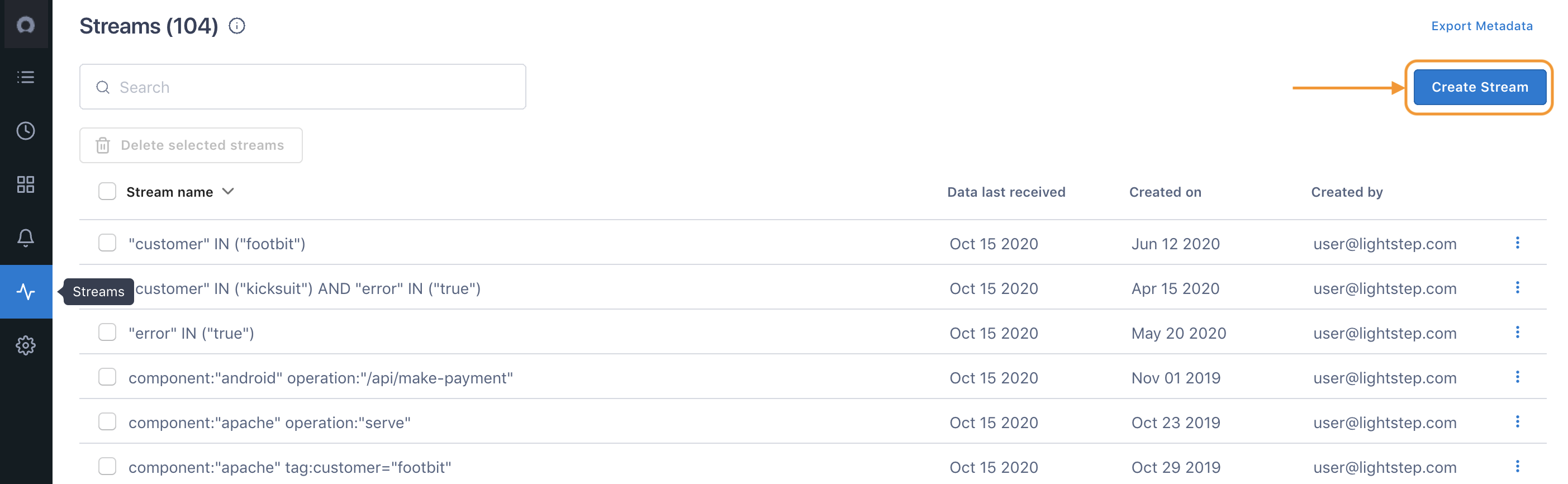 Arrow points to Create Stream button.