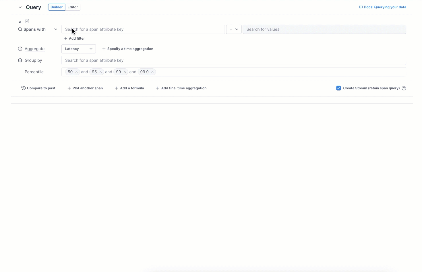 User creates a query in the UQB, filtering the data to spans with the warehouse service and write-cache operation.
