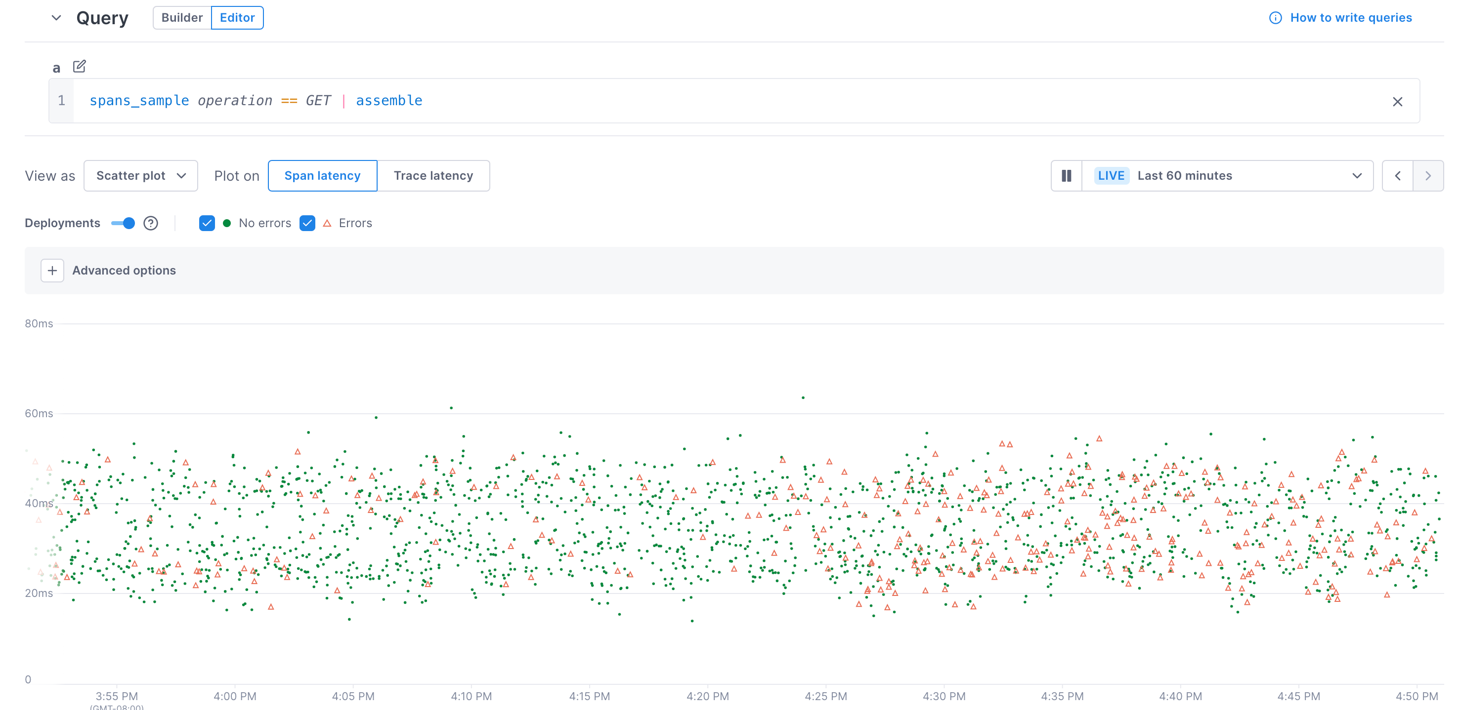 Scatter plot shows the latency of span samples with and without errors over time.