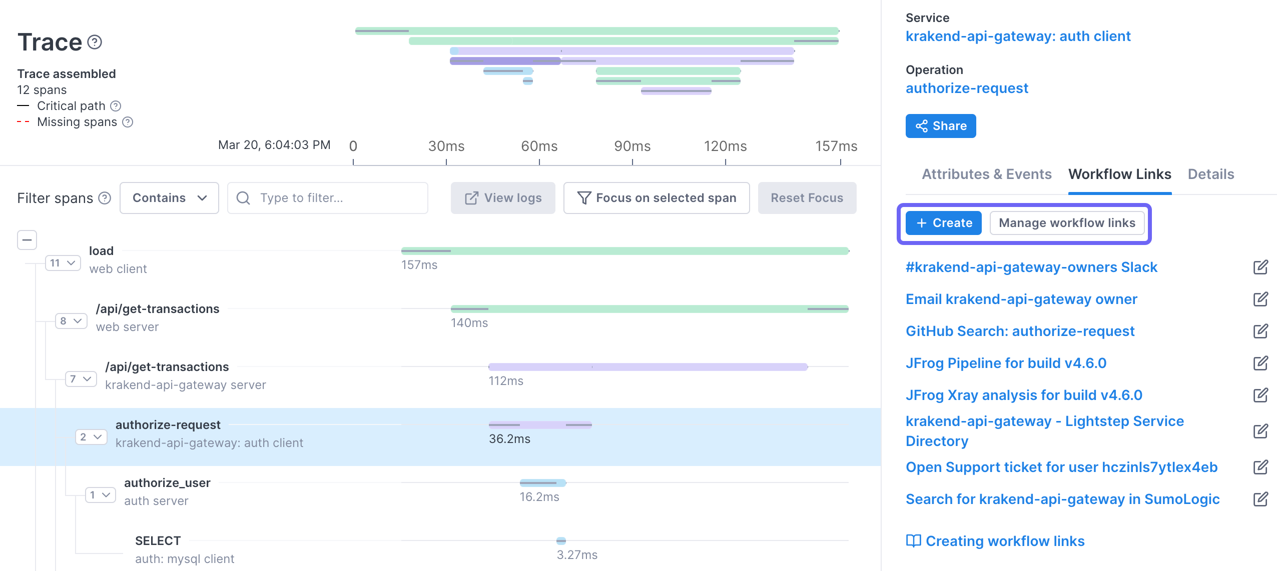 Workflow Links tab on the Trace View page.