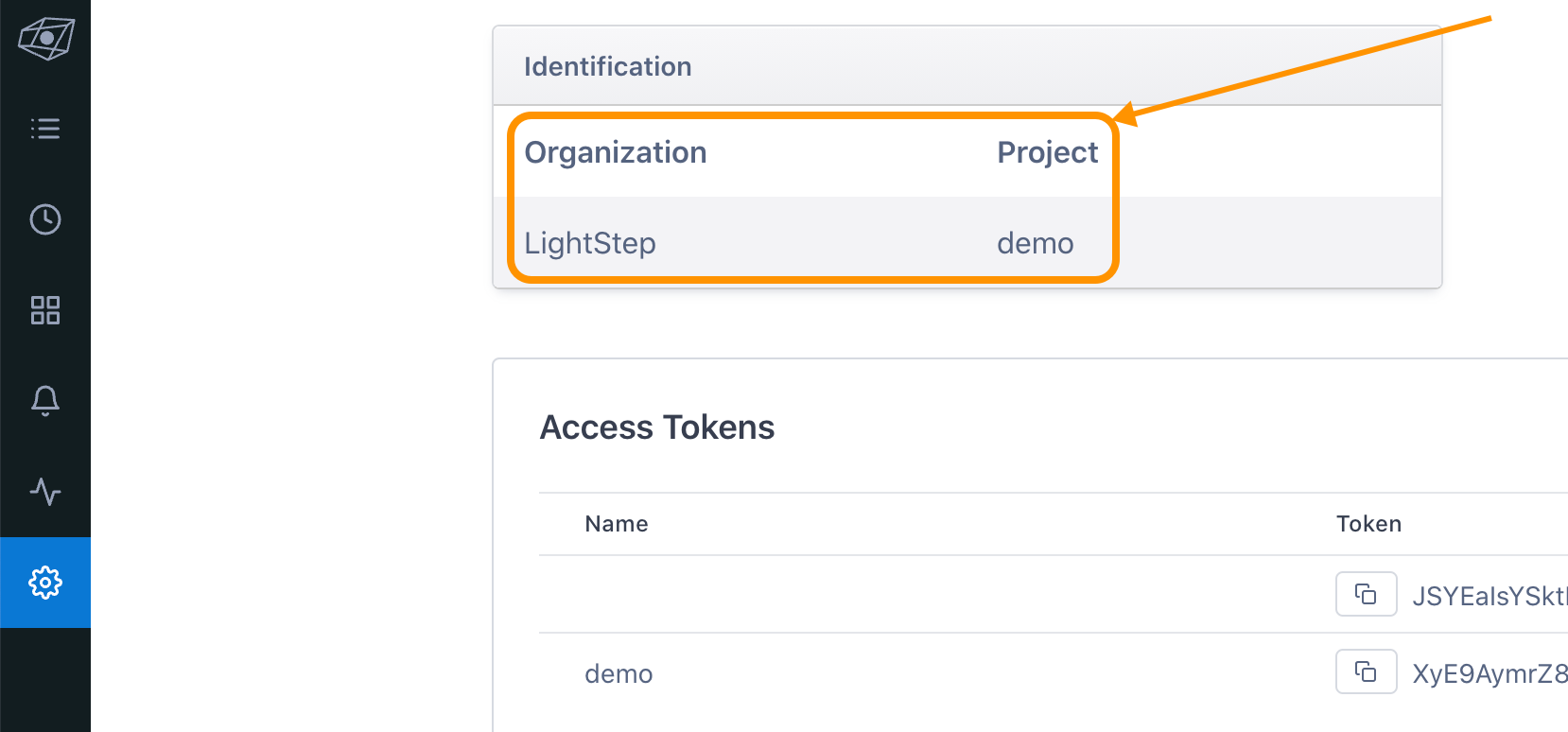 Project and Organization names in Lightstep