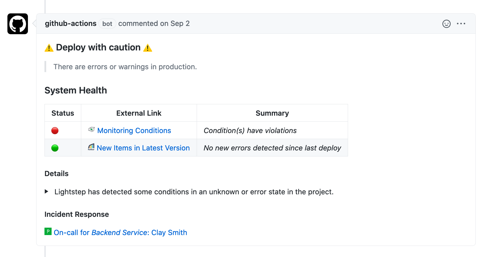 Services Change Report action in GitHub